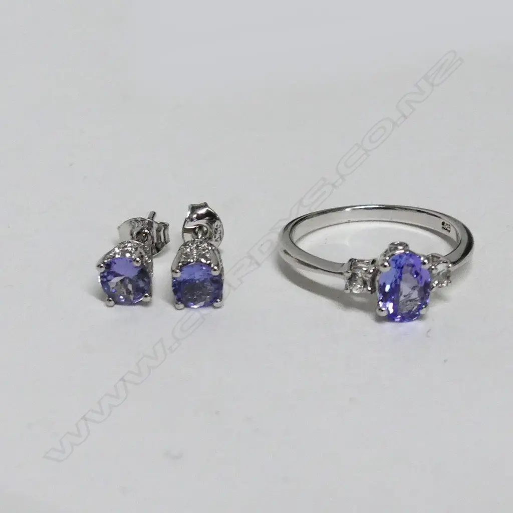 TANZANITE SILVER RHODIUM PLATED RING & EARRING SET Image 1++