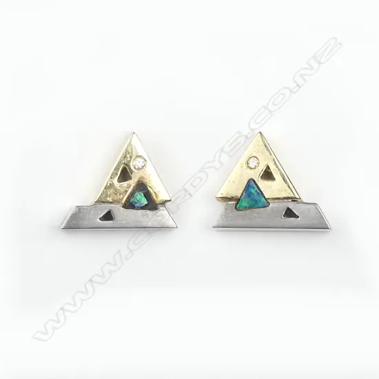 A pair of vintage geometric 14ct. yellow and white gold opal and diamond earrings