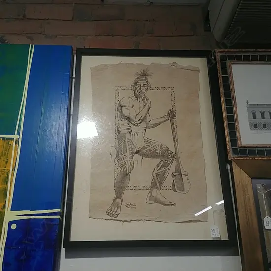 DRAWING ON BARK CLOTH TAHITIAN MAN WITH U'u