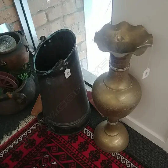 BRASS VASE & COPPER  COAL SCUTTLE