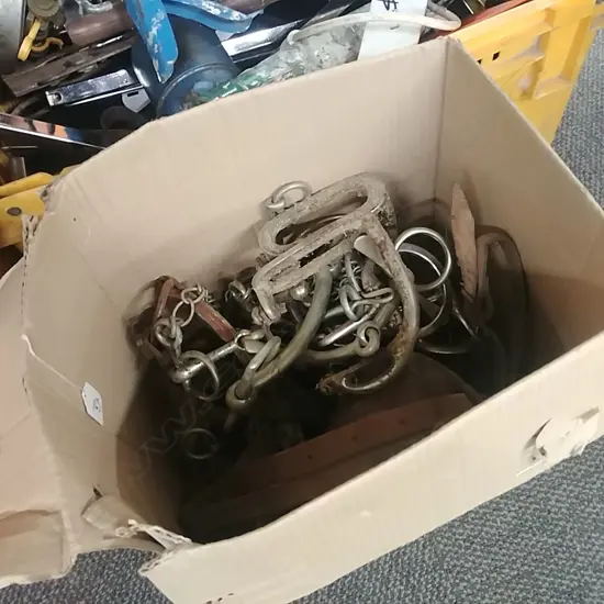 BOX LOT BRIDLES STIRRUPS ETC