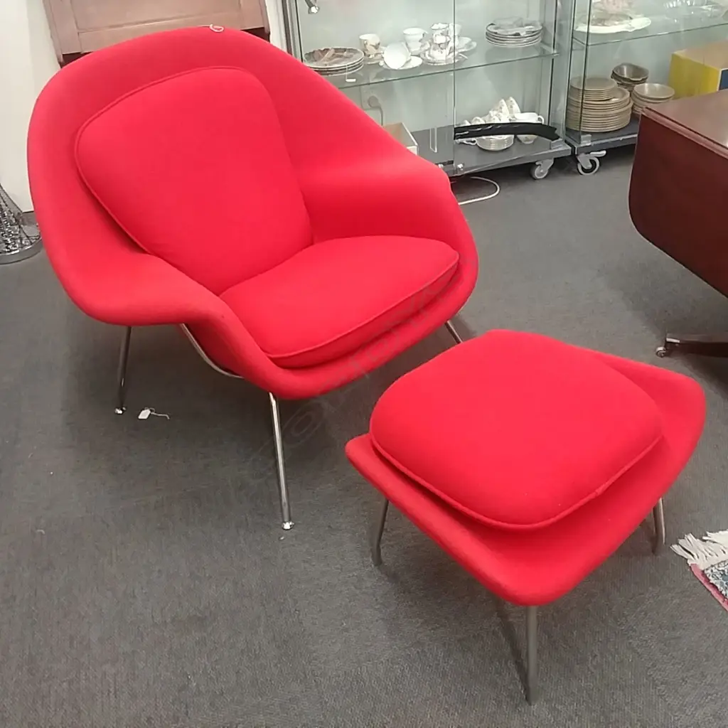 MODERNIST STYLE RED CASHMERE CHAIR & FOOTSTOOL Image 1++