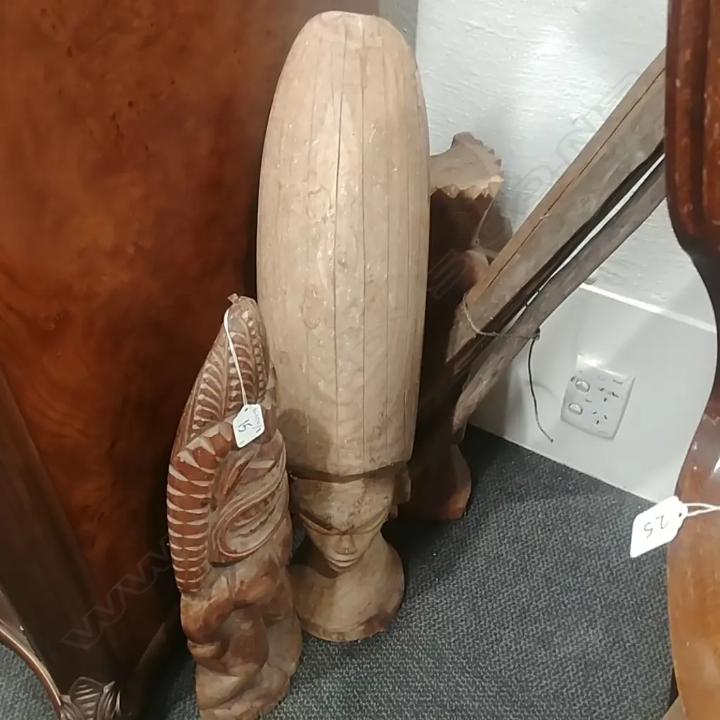 THREE TRIBAL CARVED WOODEN FIGURES  Image 1++