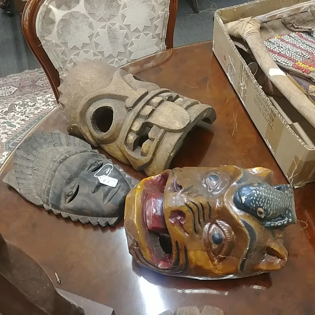 3 WOOD CARVED FACE MASKS Image 1++