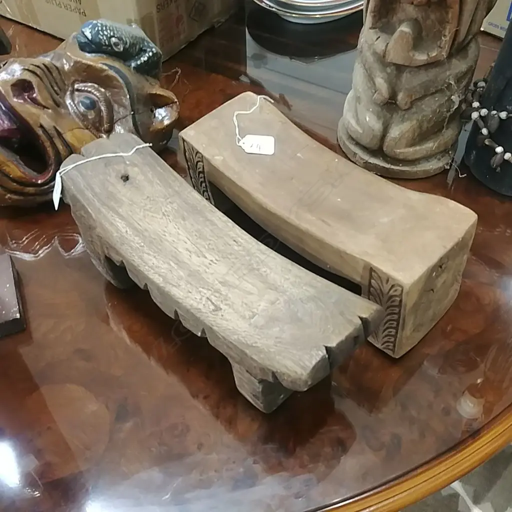 2 CARVED WOOD HEAD RESTS Image 1++