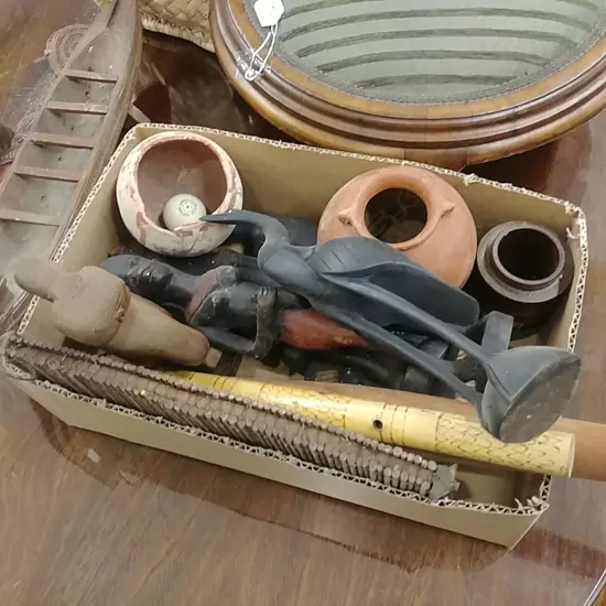 BOX ETHNIC WOOD POTTERY ETC