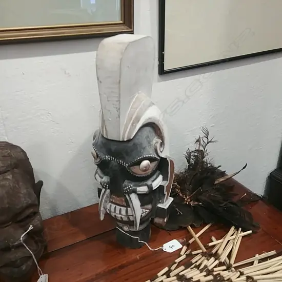 CARVED HEAD & FEATHER HEADDRESS