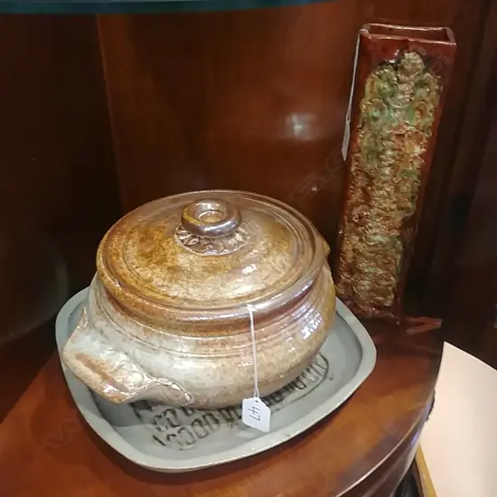 4 PIECES OF POTTERY - VASE + CASSEROLE + PLATE