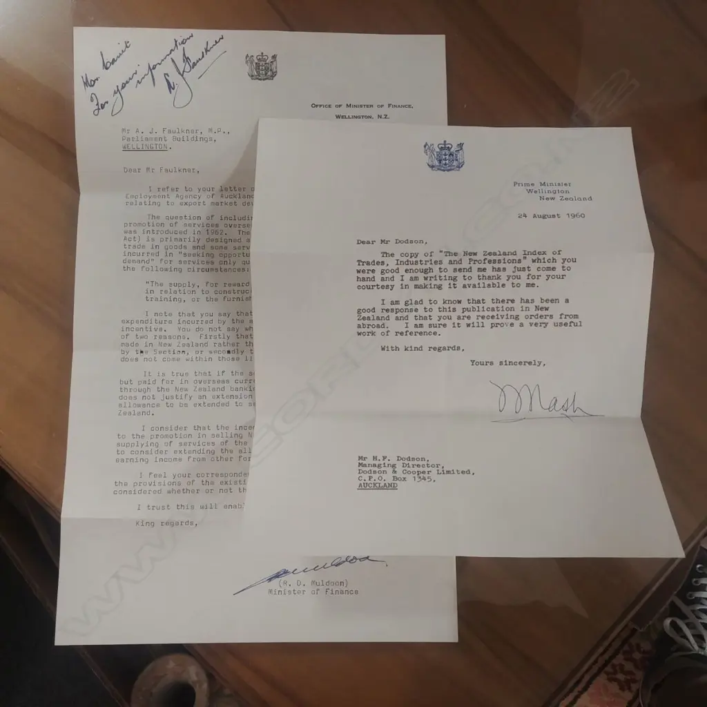 2 DOCUMENTS SIGNED ROBERT MULDOON & WALTER NASH Image 1++