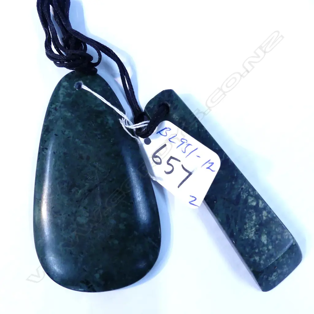 2 MIKE HIGGS CARVED GREEN STONE HEI PENDANTS Image 1++