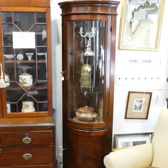 BOW FRONT BURR WALNUT CORNER  DISPLAY VITRINE