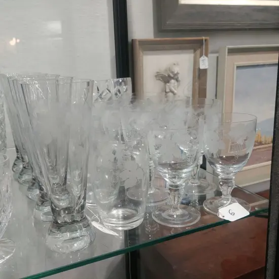 ASST ETCHED CRYSTAL GLASSES WINE, ALE & TUMBLERS