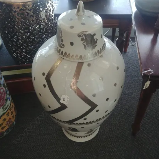 WHITE & SILVER INLAID LIDDED  VASE