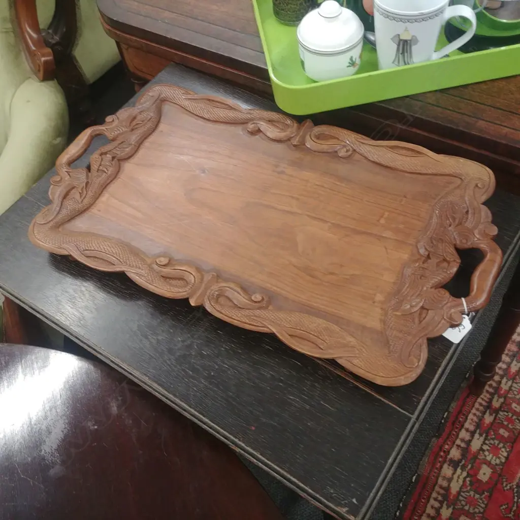 VINT ASIAN CARVED WOODEN TRAY - DRAGON Image 1++