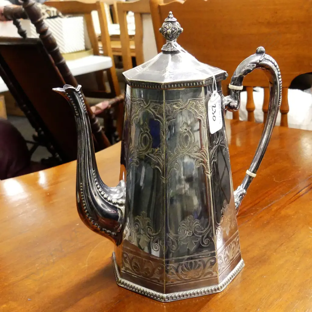 ANT. EP ENGRAVED COFFEE POT, BONE BANDS Image 1++