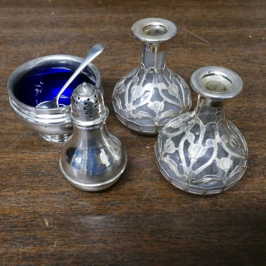 SILVER CONDIMENTS & SMALL SILVER OVERLAY VASES Image 1++