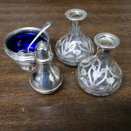 SILVER CONDIMENTS & SMALL SILVER OVERLAY VASES