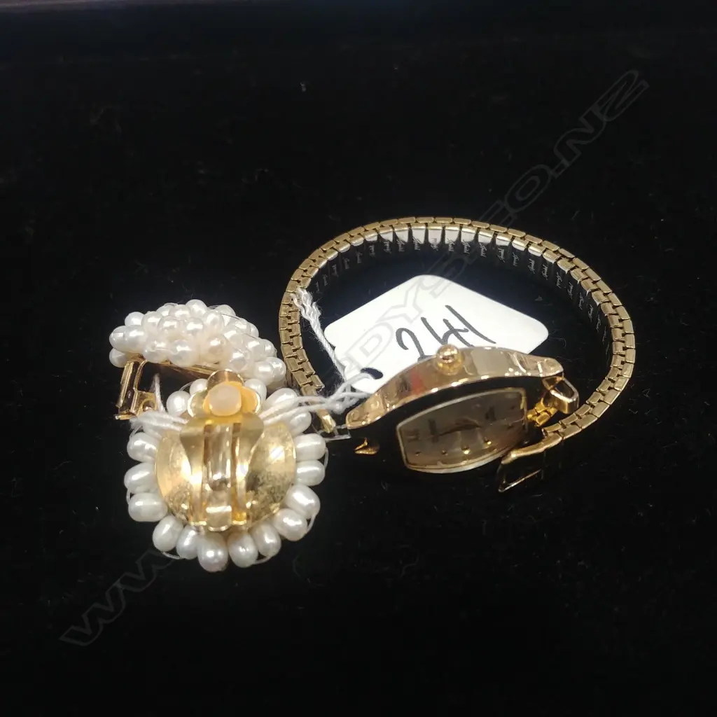 LDS OLYMPIC DRESS WATCH; PEARL CLIP ON EARINGS Image 1++