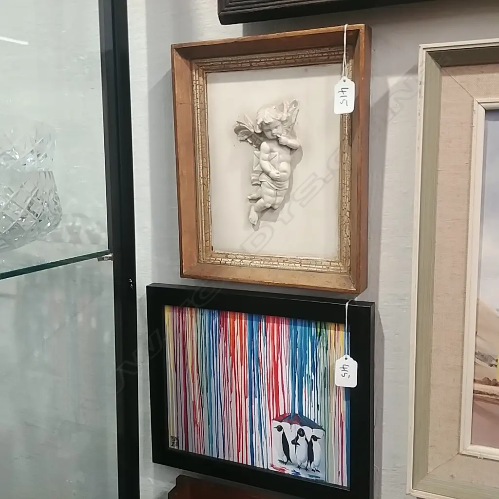 CHERUB PLAQUE & OIL OF 3 PENGUINS Image 1++