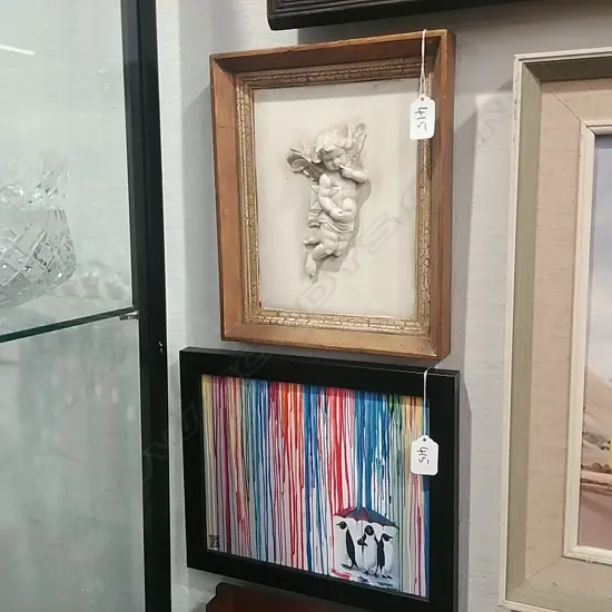 CHERUB PLAQUE & OIL OF 3 PENGUINS