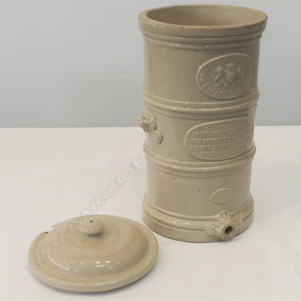 LATE 19THC CHEAVIN'S WATER FILTER STONEWARE, H. 600MM, DIA. 320MM Image 1++