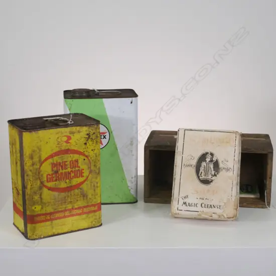 TWO VINTAGE OIL CANS, ST MUNGO SOAP, WITH WOODEN BOX