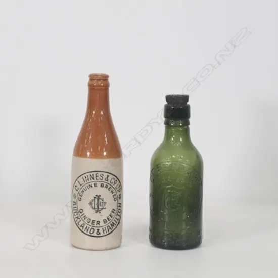 G.L. INNES GINGER BEER BOTTLE + GILBERD & CO GLASS BOTTLE, H. 210MM