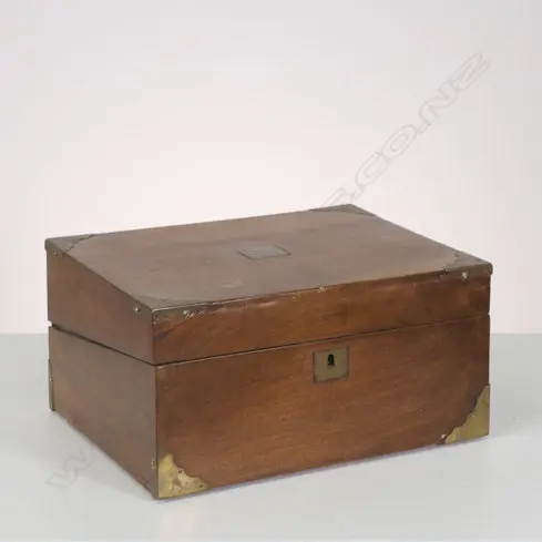 BRASS BOUND MAHOGANY WRITING SLOPE, SOME FAULTS, L. 300MM Image 1++