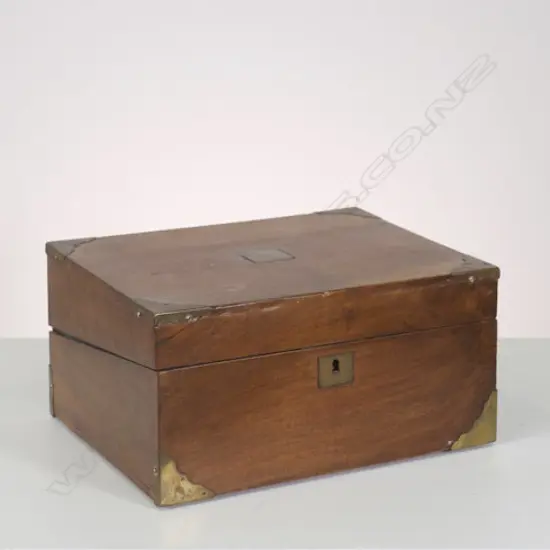BRASS BOUND MAHOGANY WRITING SLOPE, SOME FAULTS, L. 300MM