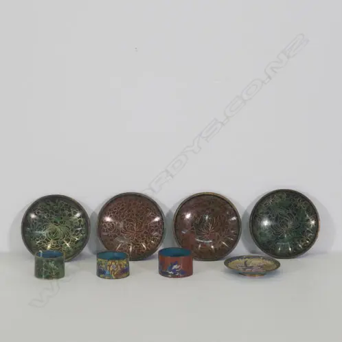 8 CLOISONNE PCES, 5 DISHES, LARGEST DIA. 100MM & 3 NAPKIN RINGS Image 1++