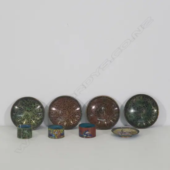 8 CLOISONNE PCES, 5 DISHES, LARGEST DIA. 100MM & 3 NAPKIN RINGS