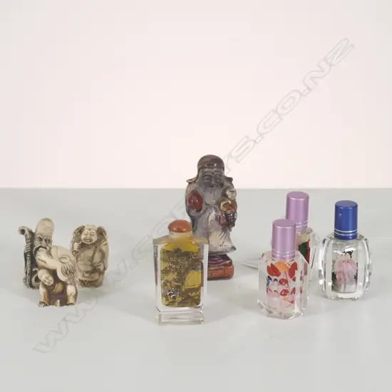 LOT ASST ORIENTAL ITEMS INCLUDING INTERIOR PAINTED SNUFF BOTTLE,PERFUME,RESIN NETSUKE ETC H 110 MM