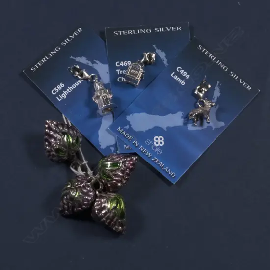 4 SILVER ENAMEL PENDANTS, 3 SILVER CHARMS