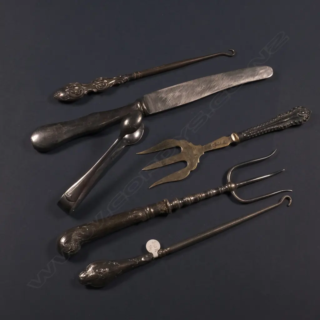 S/SILVER KNIFE; SUGAR TONGS; 2 BOOT HOOKS; 2 SERV FORKS Image 1++