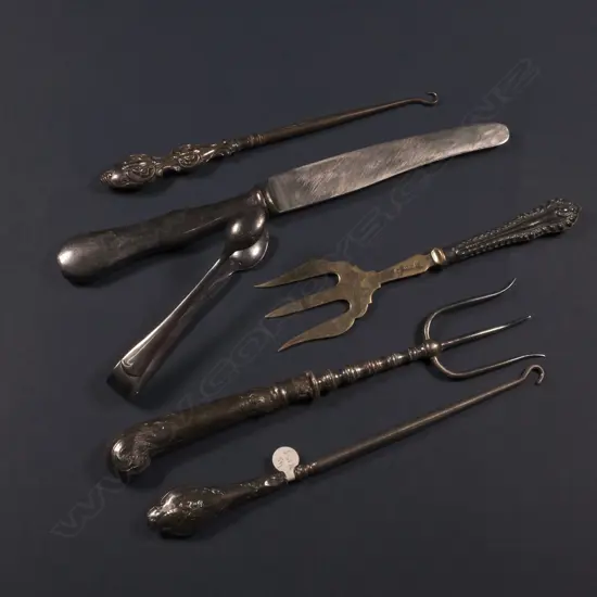 S/SILVER KNIFE; SUGAR TONGS; 2 BOOT HOOKS; 2 SERV FORKS