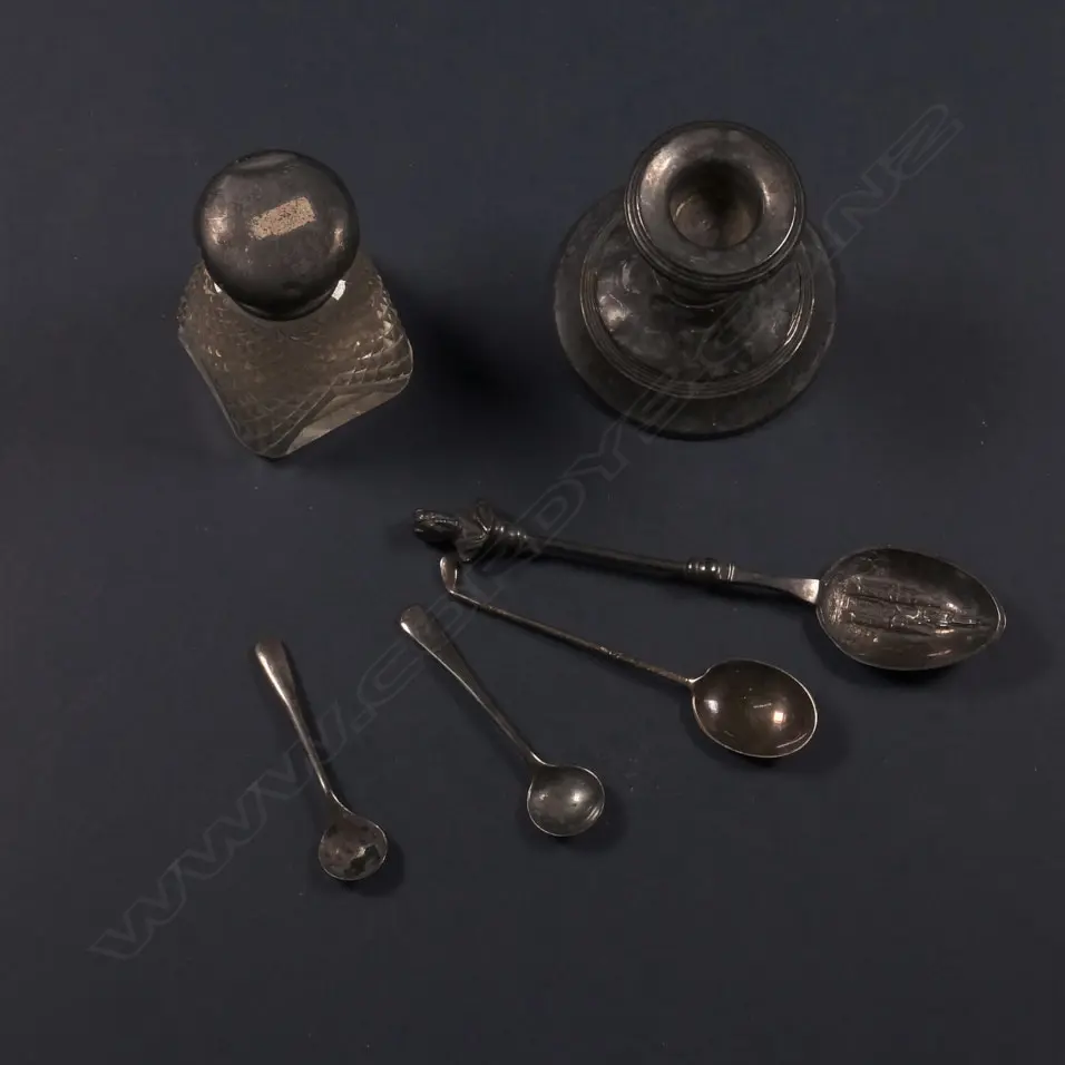 S/SIL CANDLE HOLDER; CRYSTAL BOTTLE WITH SIL TOP; SIL SCOTTISH SPOON; 3 SMALL SPOONS Image 1++