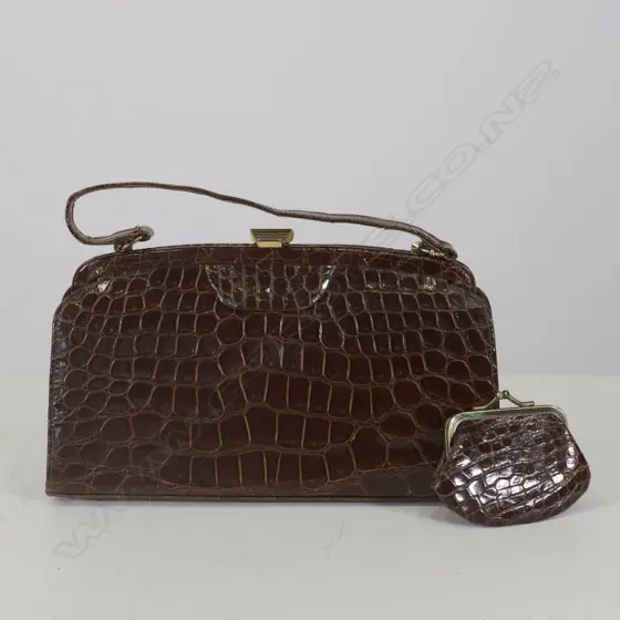 CROCODILE LEATHER HANDBAG & COIN PURSE, SUEDE LINED Image 1++