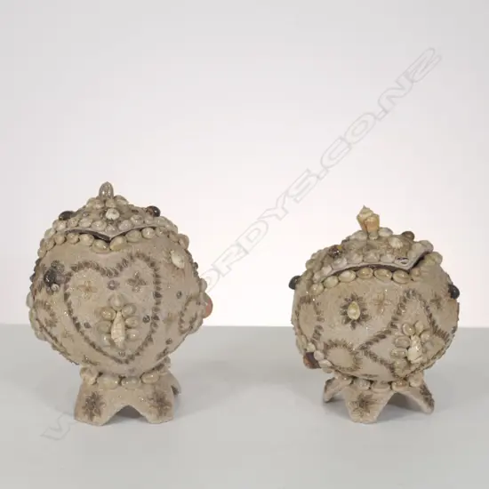PR OF FOLK ART SHELL DECORATED LIDDED BOXES, H. 270MM