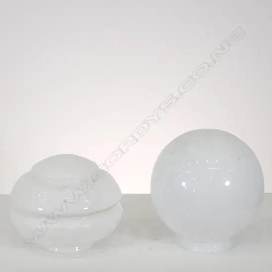 TWO ART DECO MILK GLASS SHADES, H. 200MM