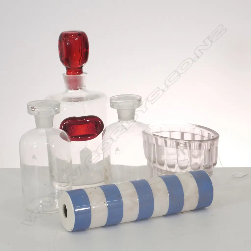 GLASS JELLY MOULD, CORNISHWARE ROLLING PIN, CHEMIST JARS & WHISKEY DECANTER, TALLEST H. 280MM, SOME FAULTS Image 1++