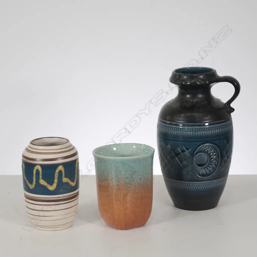 GERMAN STUDIO POTTERY FLASK WITH TWO VASES, TALLEST H. 250MM Image 1++