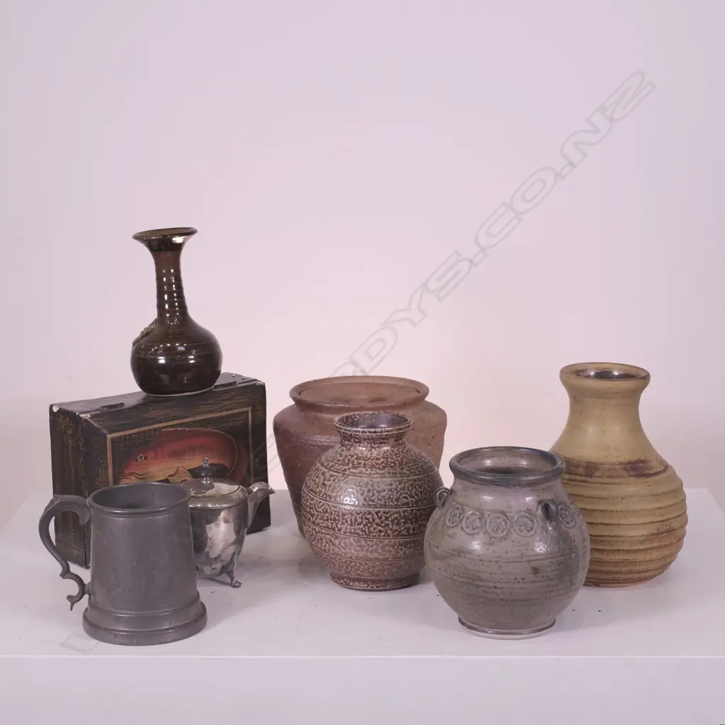 BOX ASST NZ POTTERY VASES, PEWTER, EPWARE ETC Image 1++