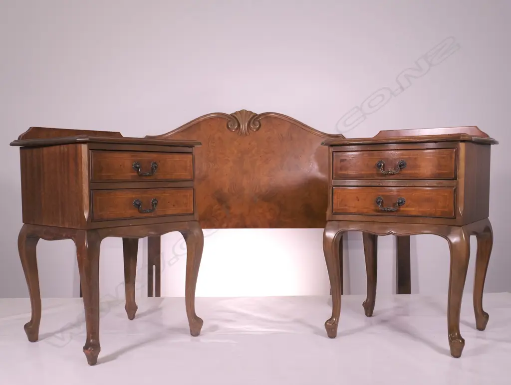 A PAIR  OF WALNUT BEDSIDE CABINETS WITH MATCHING  QUEEN-SIZE HEADBOARD Image 1++