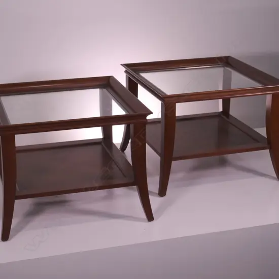 A PAIR OF GLASS INSET ROSE AND HEATHER STYLE SIDE TABLES, L 660 MM