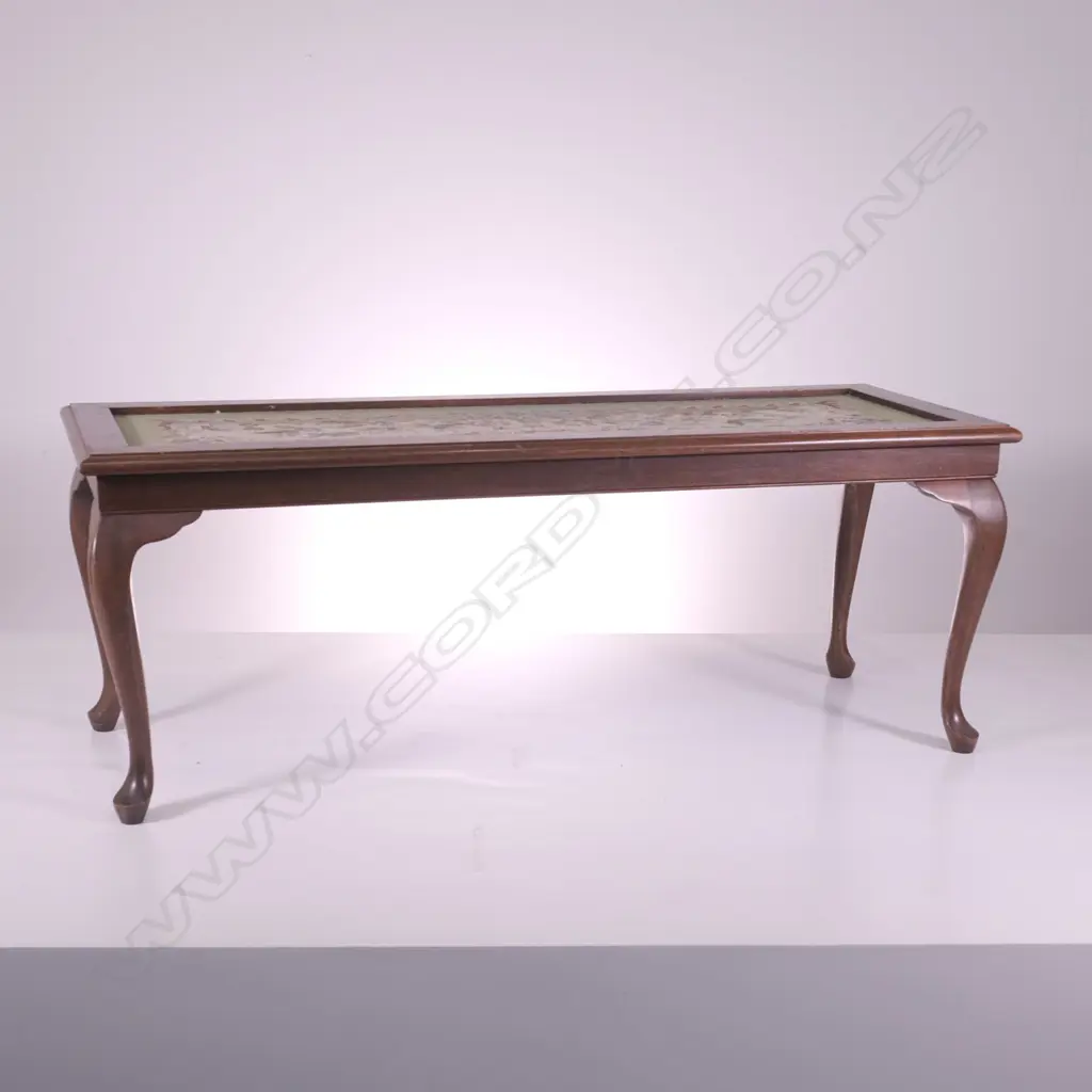 MAHOGANY EMBROIDERED INSET LONG STOOL, L. 1110MM Image 1++