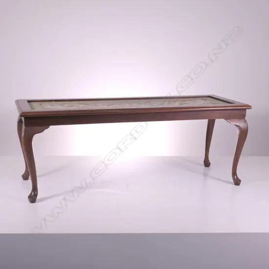 MAHOGANY EMBROIDERED INSET LONG STOOL, L. 1110MM