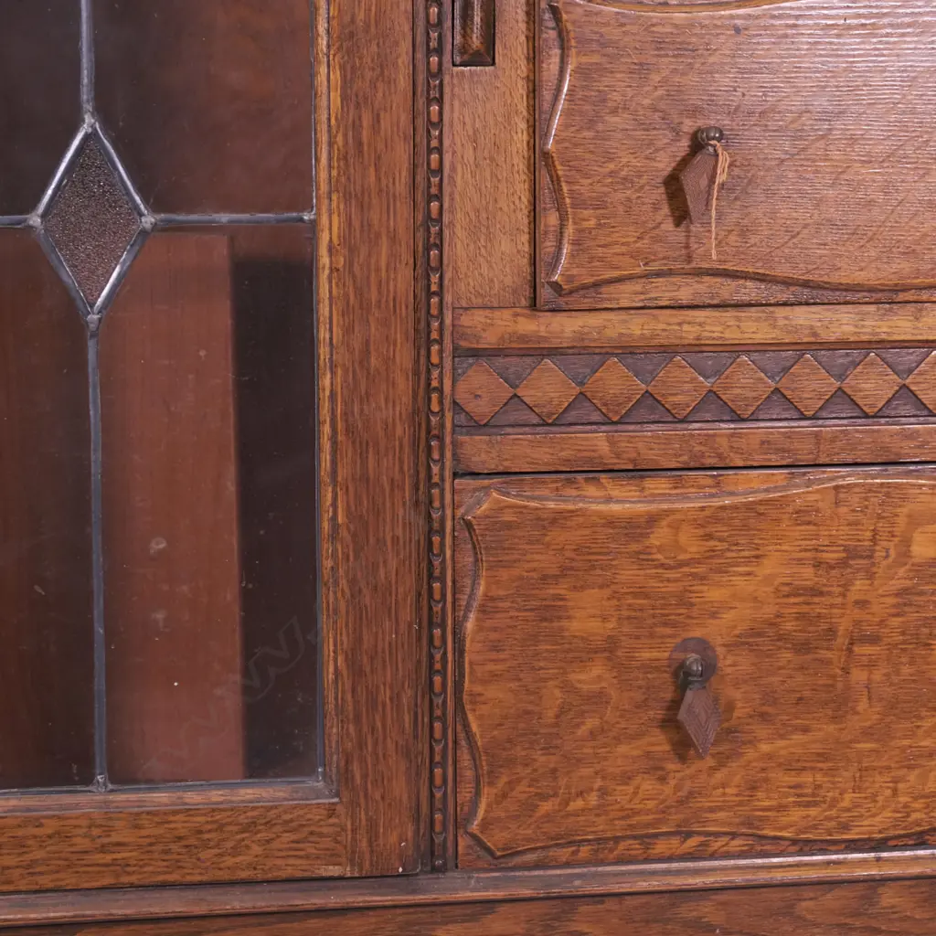 OAK COMBINATION LEADLIGHT CHINA CAB WITH FULL FRONT DESK, C.1940, H. 1460, L. 1250MM Image 1++