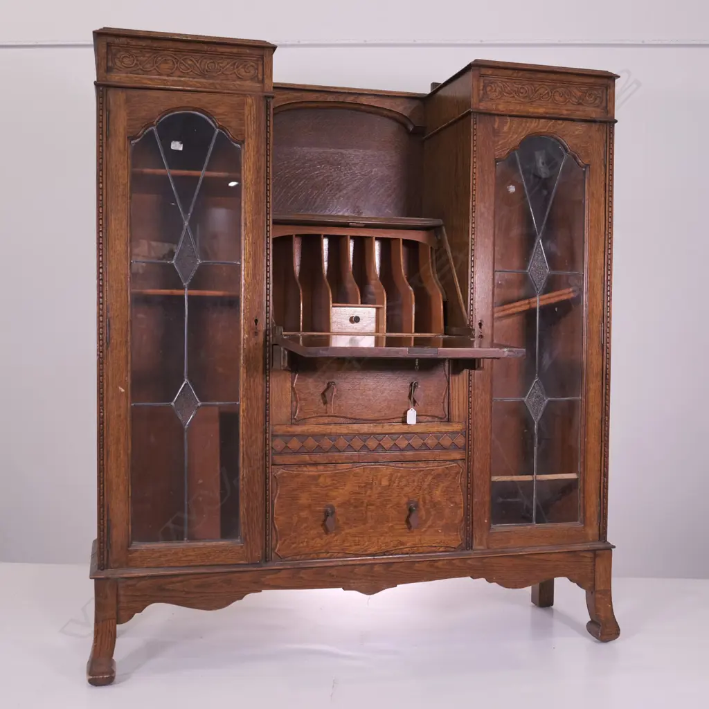 OAK COMBINATION LEADLIGHT CHINA CAB WITH FULL FRONT DESK, C.1940, H. 1460, L. 1250MM Image 1++