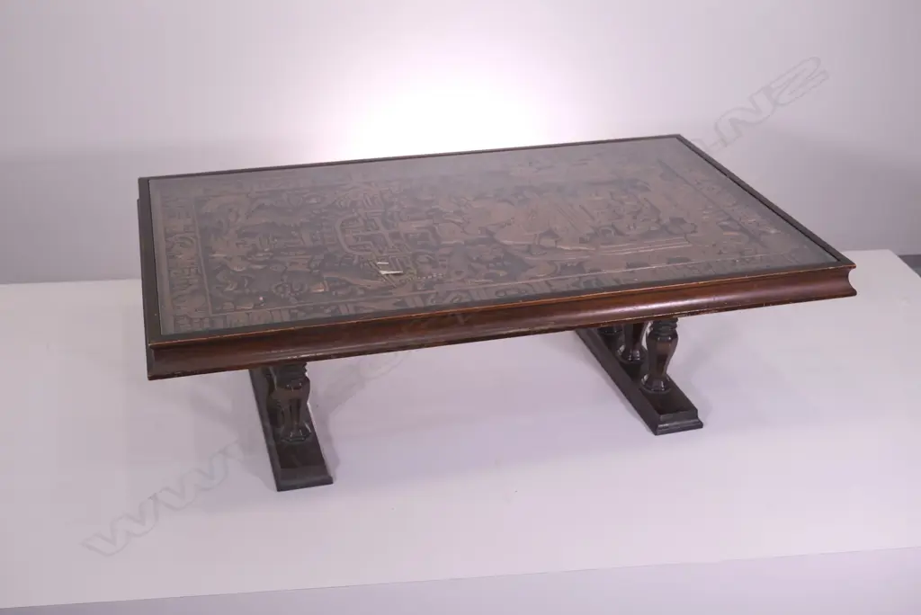 A RETRO COFFEE TABLE WITH COPPER INSET WITH AZTEC DESIGN, W 1260 D 750 H 410 MM Image 1++