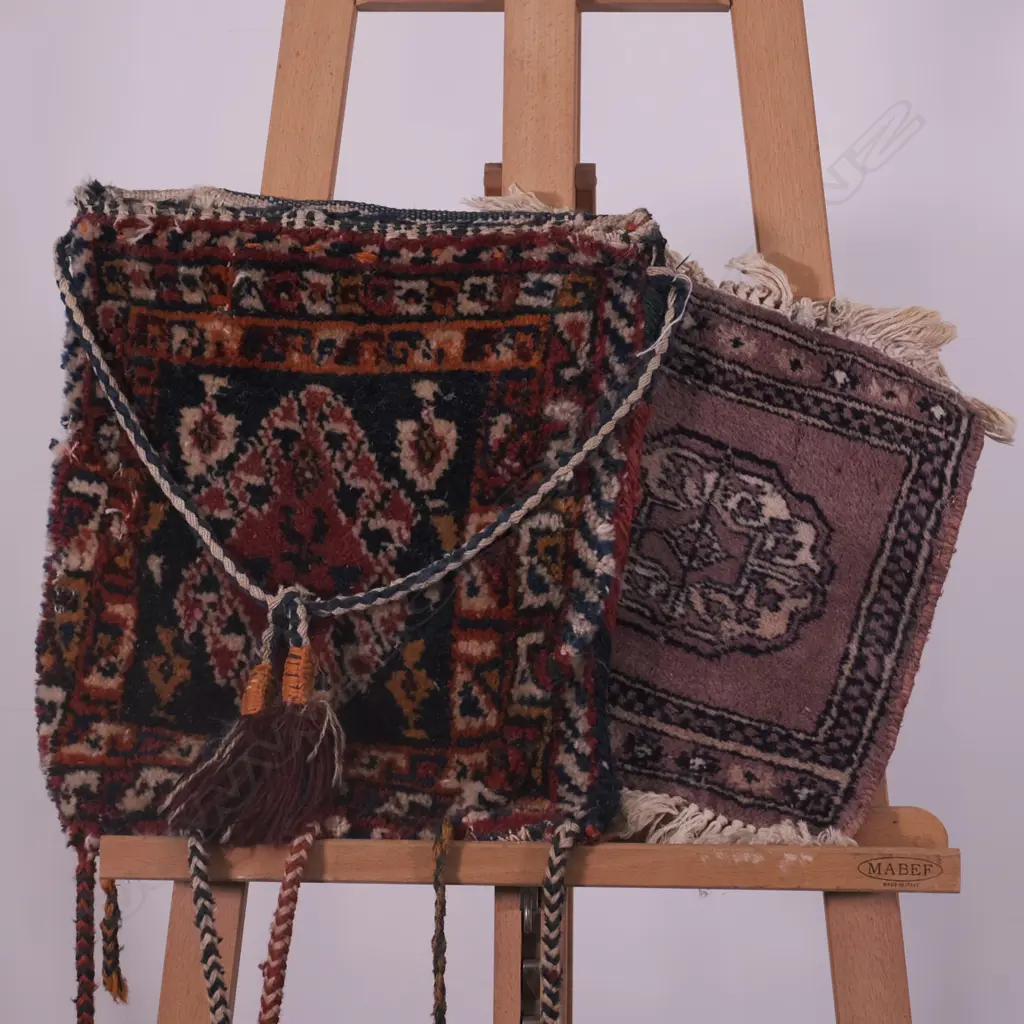 SM HAND-KNOTTED RUG, L. 800MM TOGETHER WITH PERSIAN TASSELLED BAG Image 1++